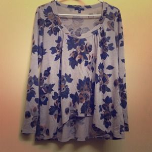 Dark Blue Floral Pattern Loose-Fit Crop Long Slv.