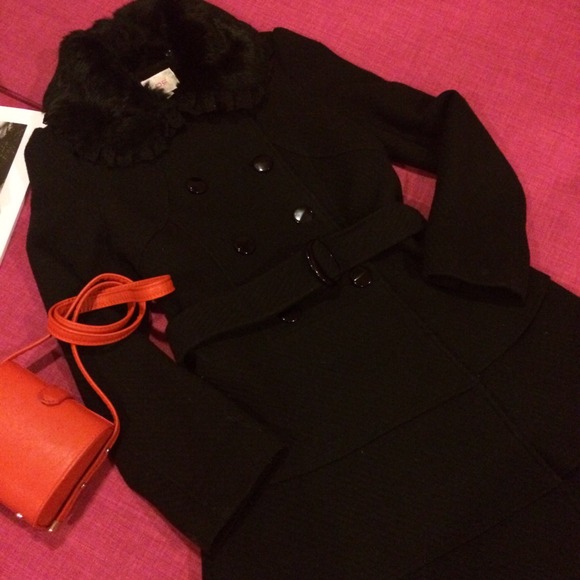 Black Wool Coat with Rabbit Fur - Picture 2 of 4