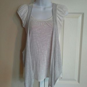 Cream top with grey overlay with crochetback