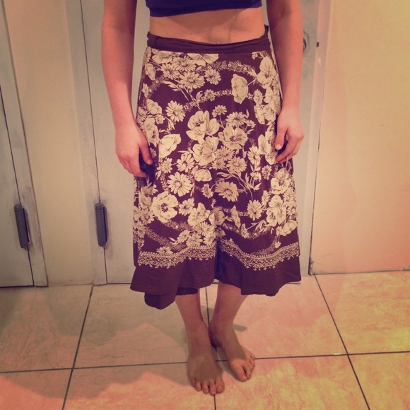 Brown, floral, cotton, Lucky Brand wrap skirt