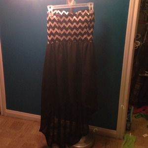 black and gold strapless high low dress
