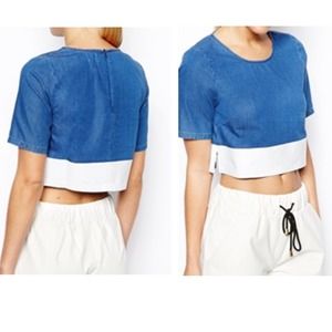 ASOS blue denim crop top with white pleather