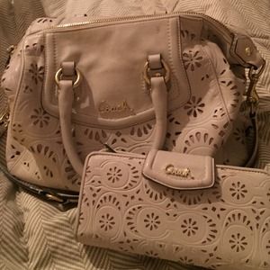 Laser cut coach satchel and wallet off-white set