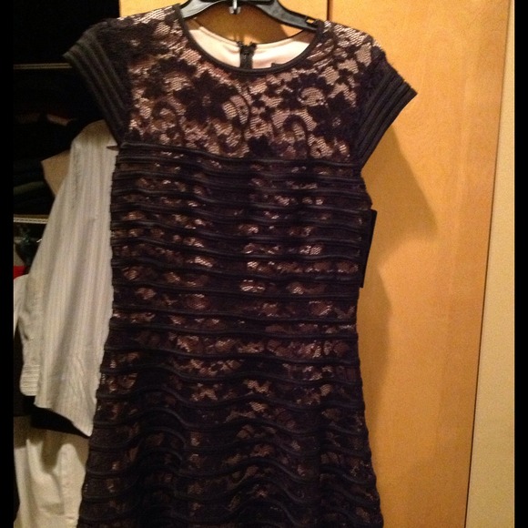 Betsy and Adam satin stripe black lace dress