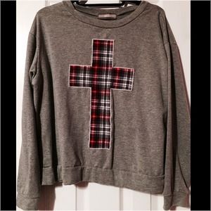 Grey Sweatshirt with Plaid Cross
