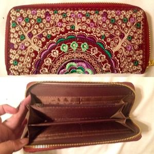 Embroidered Wallet with Zipper Closure