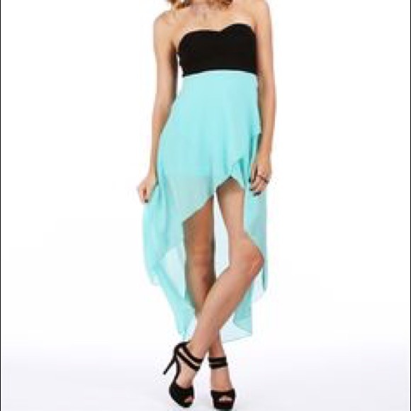 Black/Teal High-Low Strapless Dress