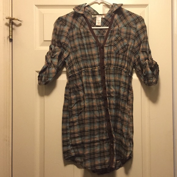 Brown/light blue plaid long sweater/dress