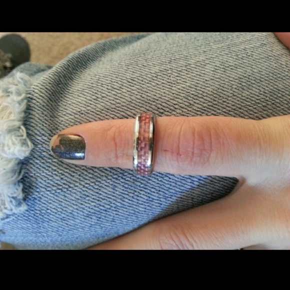 Pink carbon fiber inlay stainless steel ring sz 5