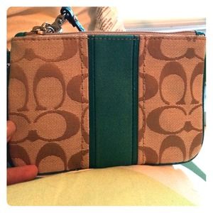 Authentic Coach tan and teal wristlet