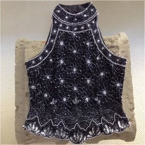 Black - Silver Beaded evening top,  Size Small