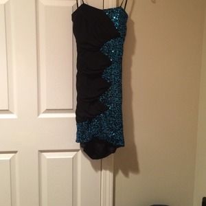 Teal sequin and black party dress