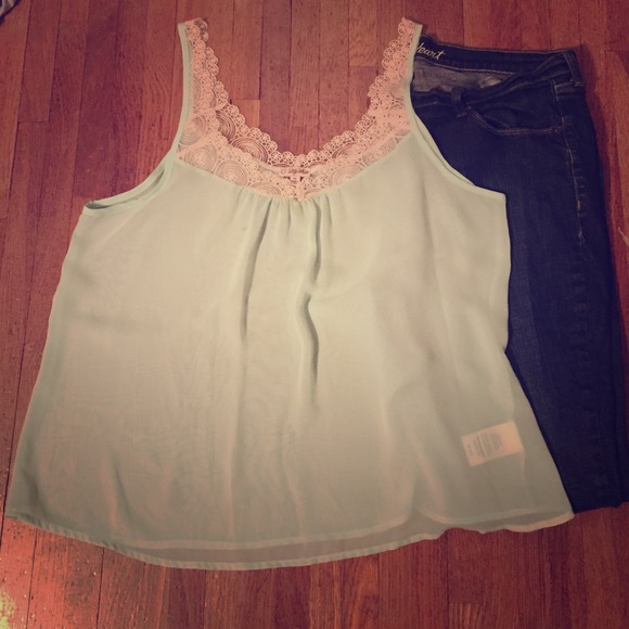 Mint green flowy shirt. With lace detail.