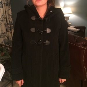 Cole Haan Black wool plush hooded toggle coat