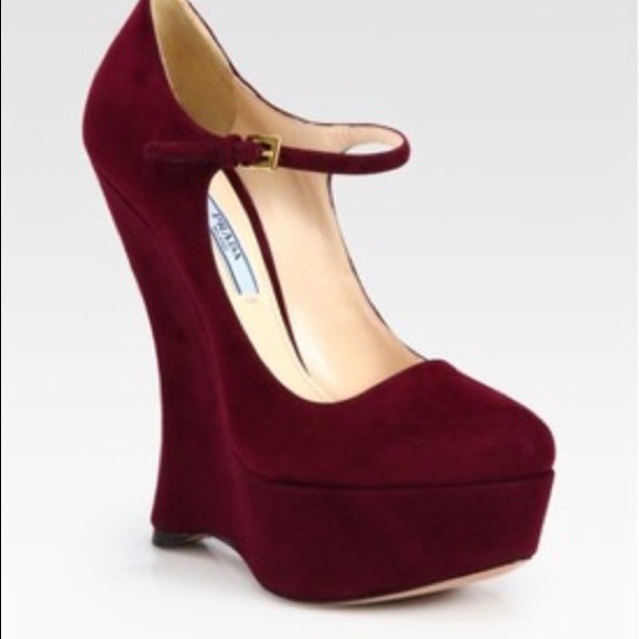 Prada Shoes - Prada Red Suede Mary Jane Ankle Strap Wedge Pumps