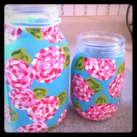 Small/Large Lilly Pulitzer hand painted Mason jars