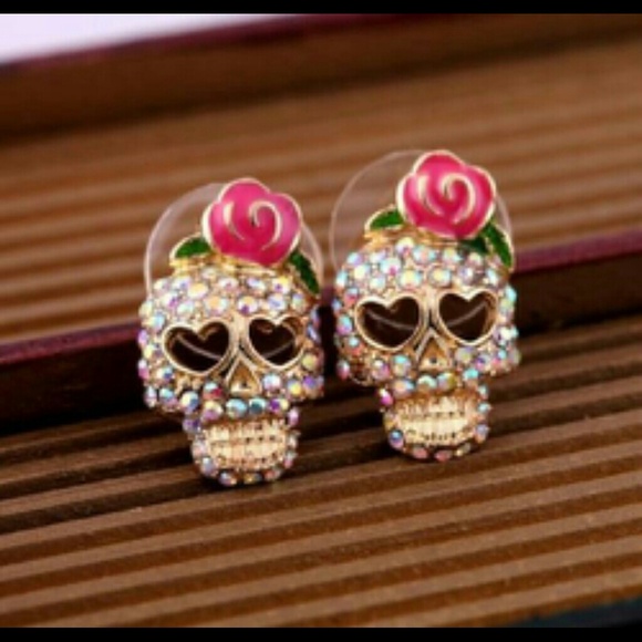 Betsey Johnson sugar skull rhinestone earrings