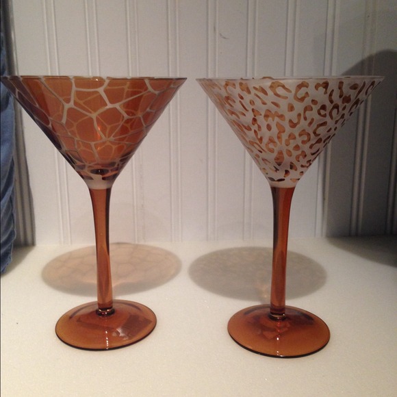Pair of etched glass martini glasses