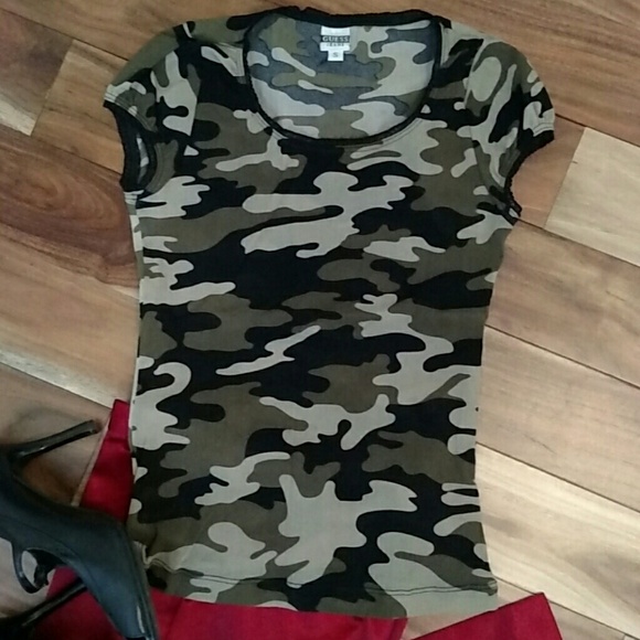 Guess semi sheer camouflage print top