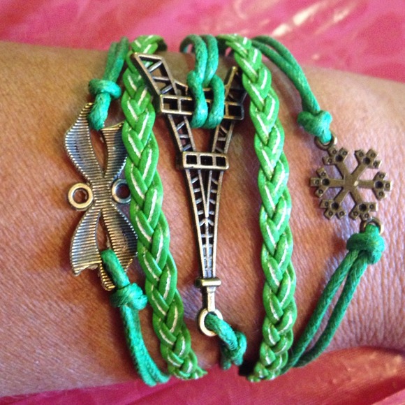 Paris Tower Bow snow star Leather Charm Bracelet