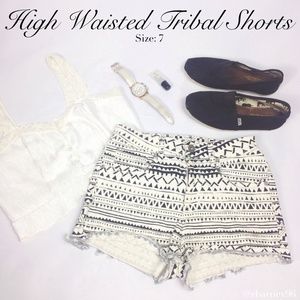 💸🔳High Waisted Tribal Print Denim Shorts🔳