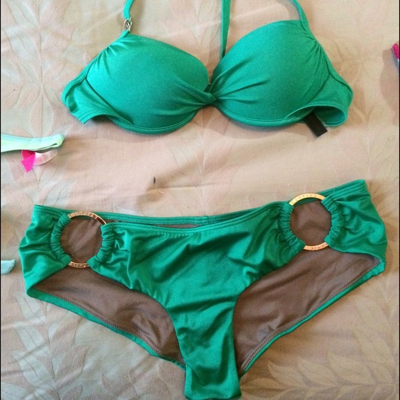 Green any gold detail bathing suit