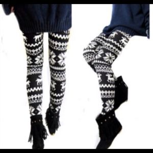 Black and white leggings w/ reindeer & snowflakes