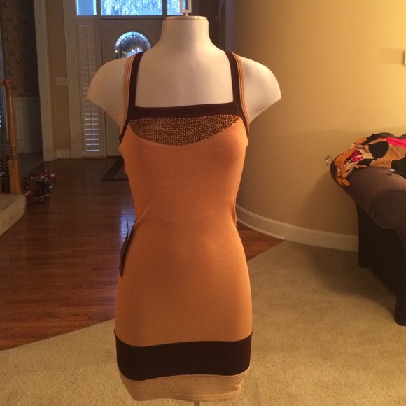 Bebe Gold Beaded Bodycon Dress
