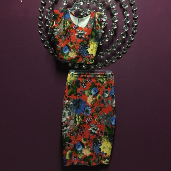 Red floral two piece skirt and shirt