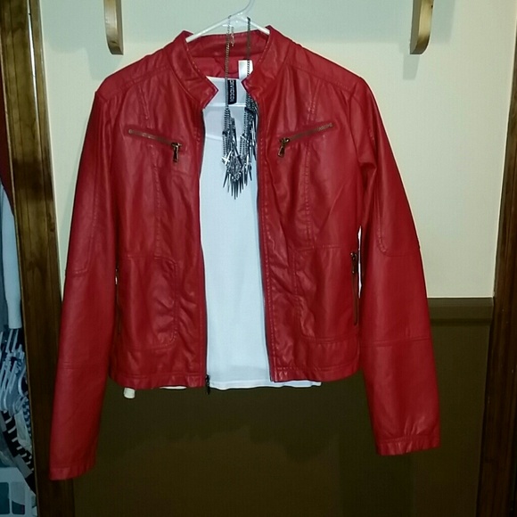 Faux red leather jacket