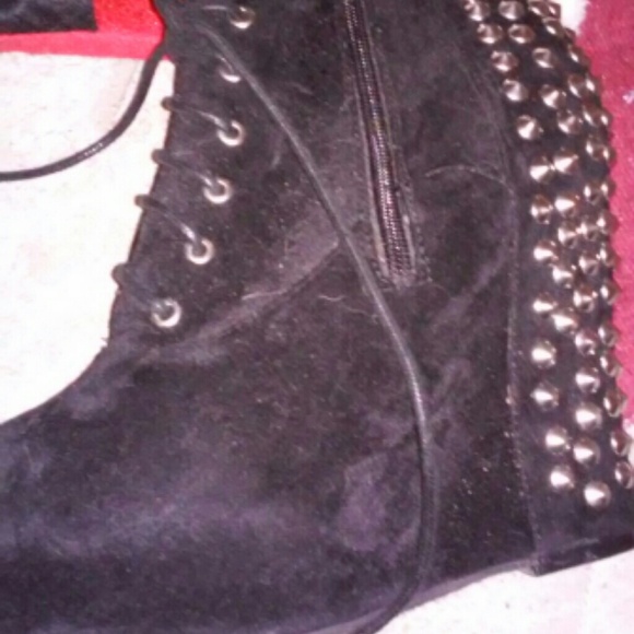 Black Suede Studded Wedged Boots.