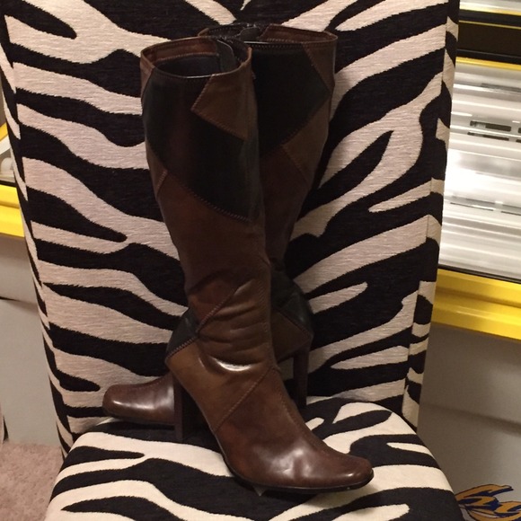 Brown and black knee length boots