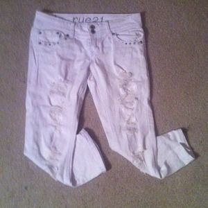 White washed&ripped denim capris