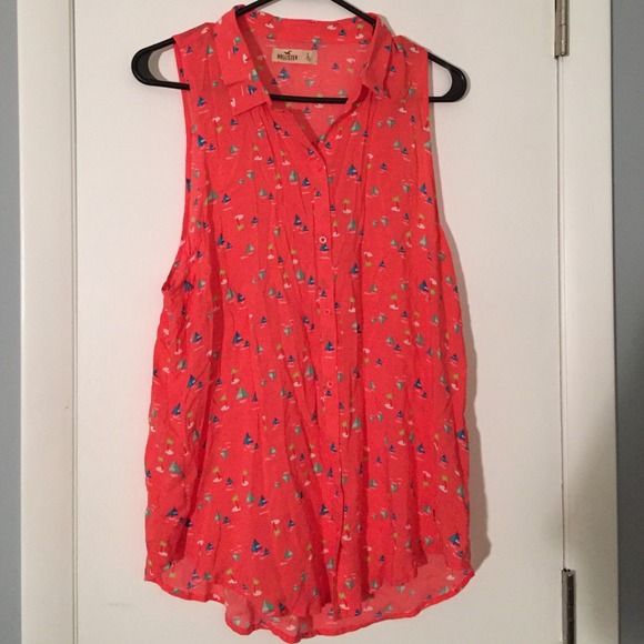 Coral Sleeveless Button Down