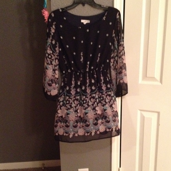 short navy blue dress with paisley print
