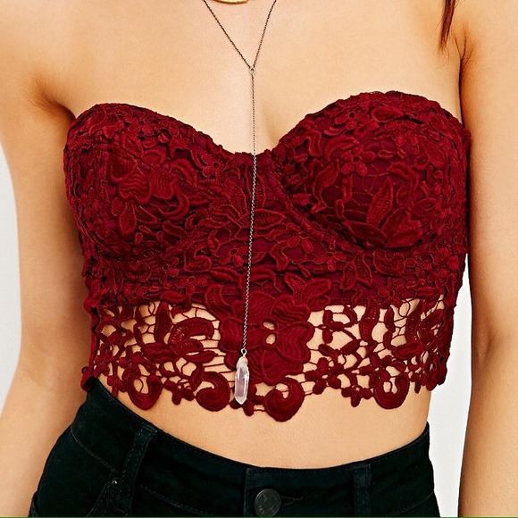 Accessories - Maroon Lace Strapless Bra Crop Top Bustier