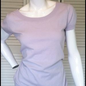 Lavender ss sweater, woven pinstripe, and grey tt