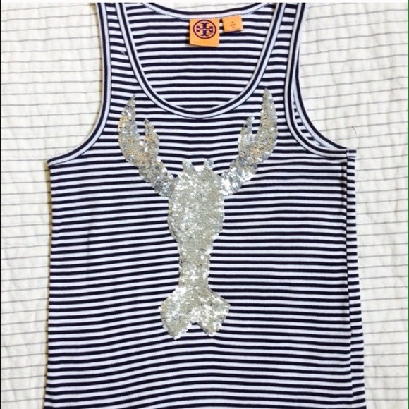 Tory Burch striped tank with sequined lobster