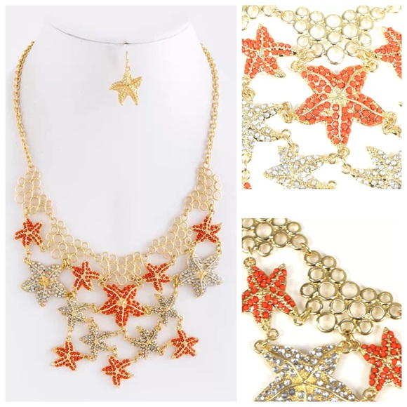 D19 Coral Orange Crystal Bead Starfish Necklace - Picture 2 of 4