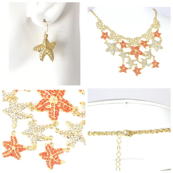 D19 Coral Orange Crystal Bead Starfish Necklace - Picture 3 of 4