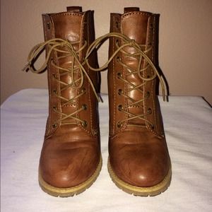 Camel lace up heeled boots