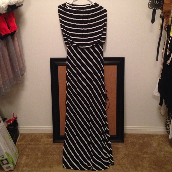 Black & white stripe strapless maxi dress