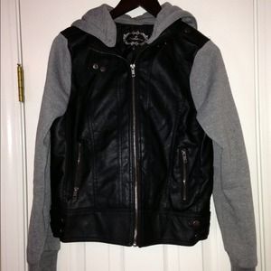 Faux Leather Jacket with Cotton Sleeves/Hood