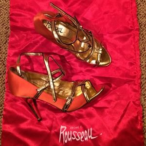 ROUSSEAU gold and orange silk heels. Never worn.