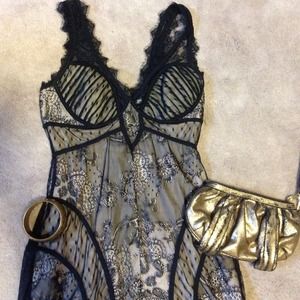 Super hot black nude LACE low cut BEBE dress HTF