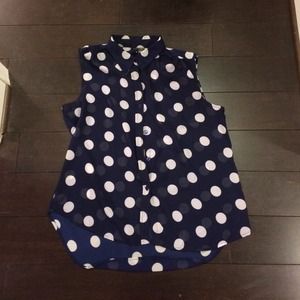 Navy and white polka dot blouse