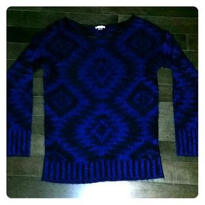 Blue and black tribal print sweater w leather neck