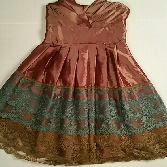 copper, silver and pink strapless dress