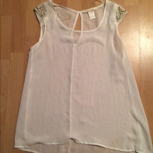 Tops - White sheer top with beaded cap sleeves. Tops - White sheer top with beaded cap sleeves.