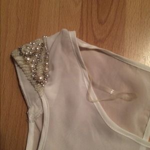 Tops - White sheer top with beaded cap sleeves. Tops - White sheer top with beaded cap sleeves.
